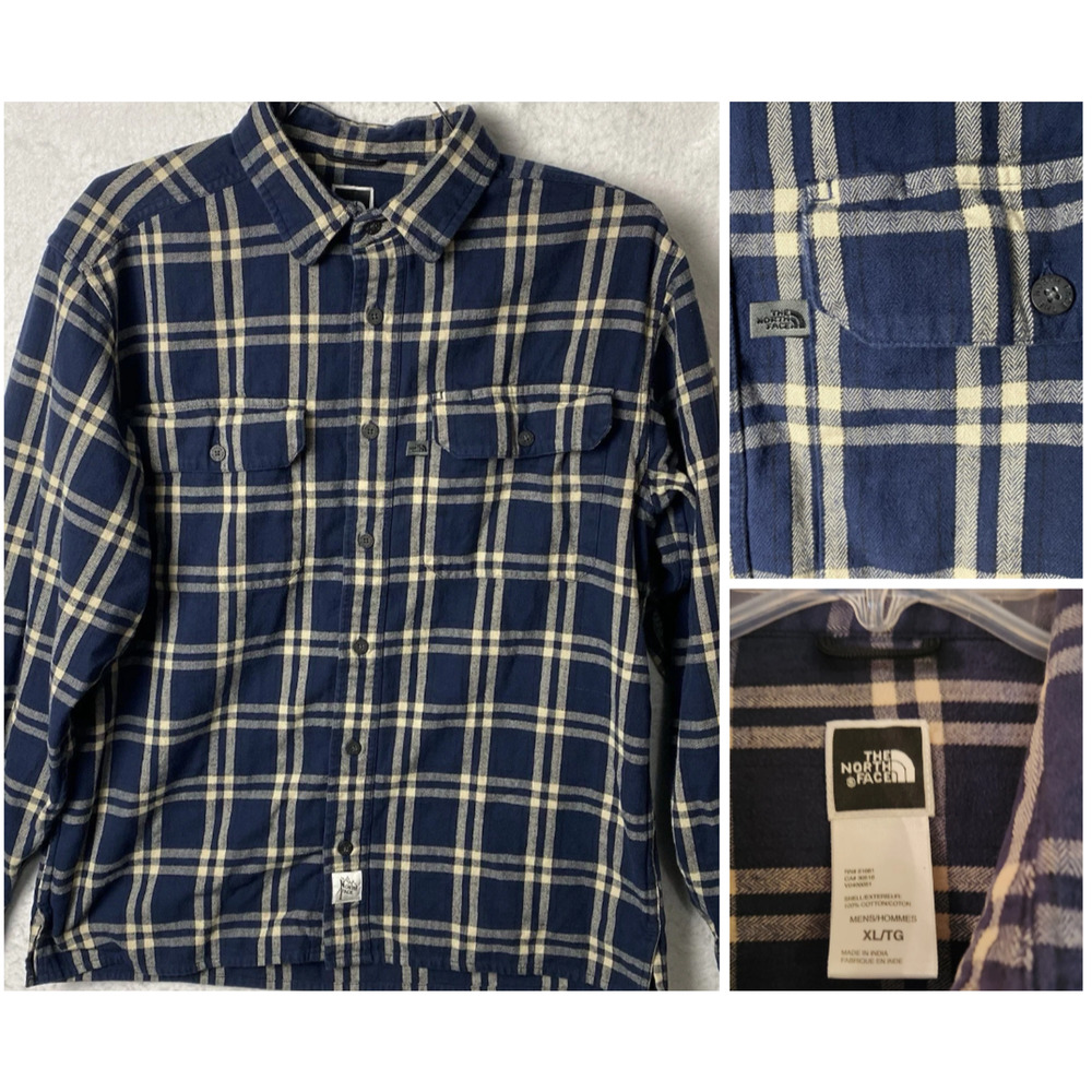 Vtg The North Face Flannel Shirt Mens XL Blue Plaid Cream Check Flap pockets Y2k